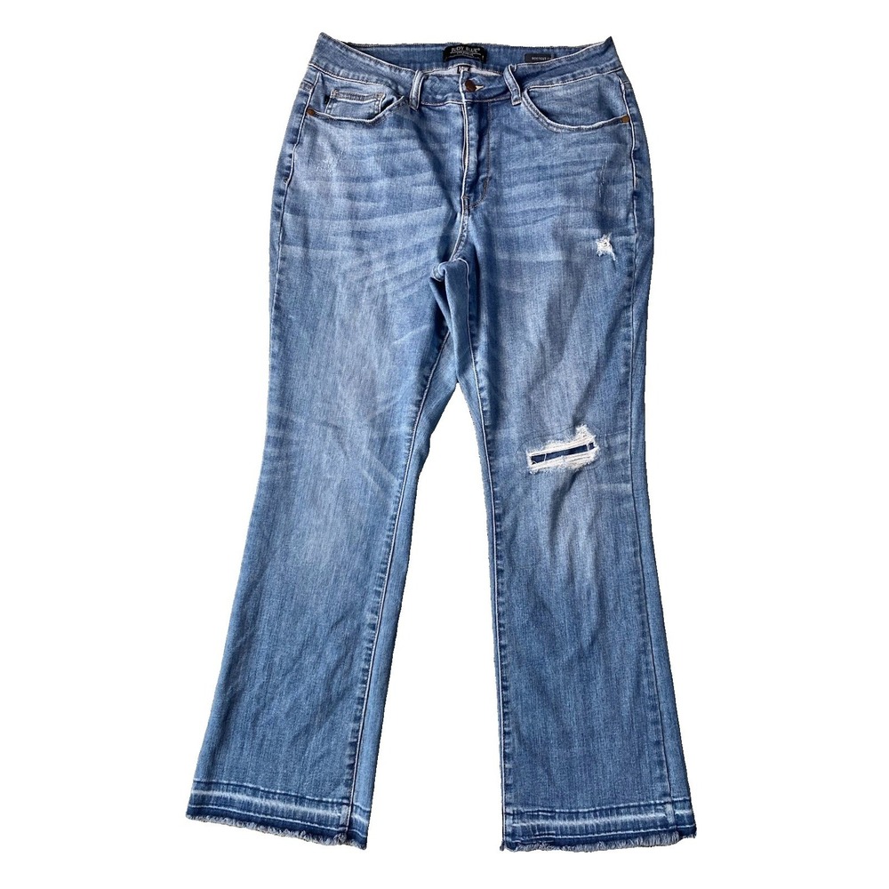 Judy Blue Slim Bootcut Jeans Womens 14W Blue Mid Rise Distressed Stretch Denim